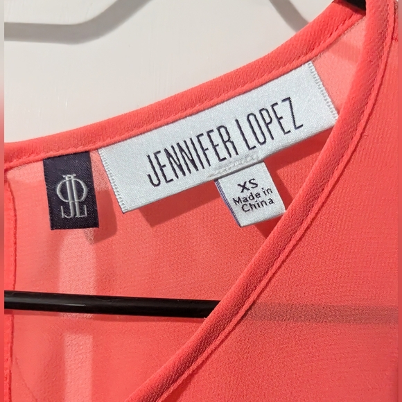 Jennifer Lopez, NWT, Hot Coral, Semi-Sheer, Ruffle Front Blouse, Size XS - Picture 5 of 13